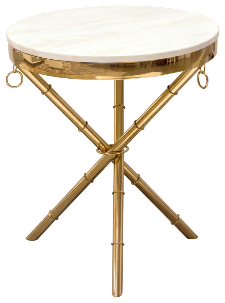 Reed Round Accent Table With Marble Top, Gold