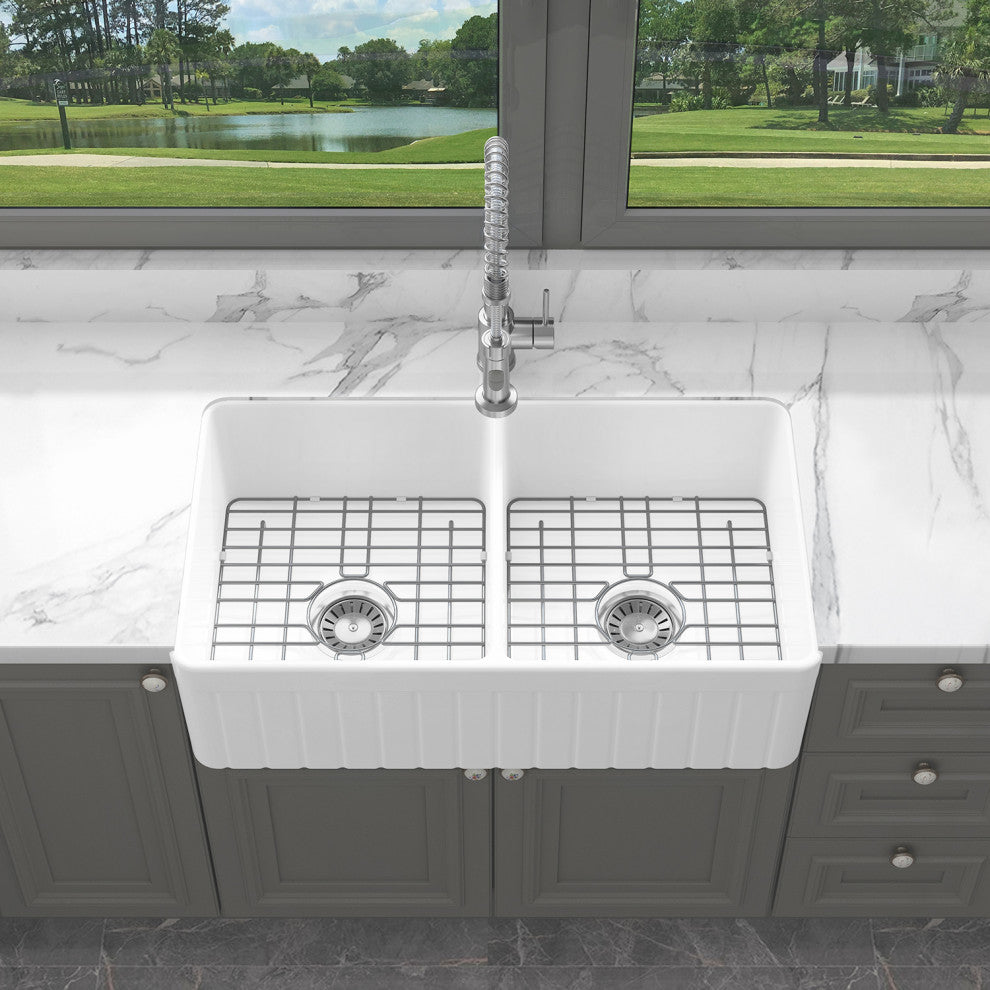 Sinber 33" Farmhouse Apron Double Bowl Kitchen Sink with Fireclay White
