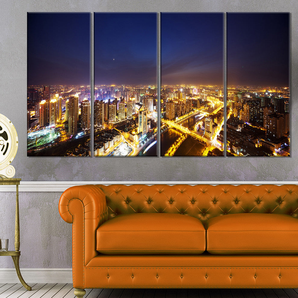 "Downtown Nighttime Panorama" Cityscape Artwork Canvas, 4 Panels, 48"x28"