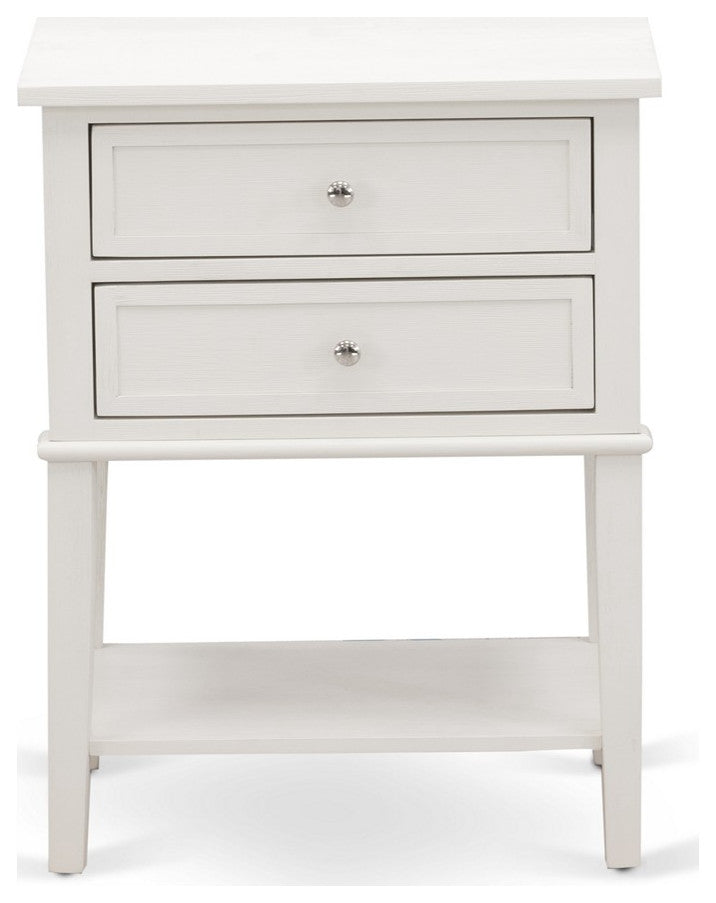 Small Night Stand, 2 Wooden Drawers, Wire Brushed Butter Cream Finish