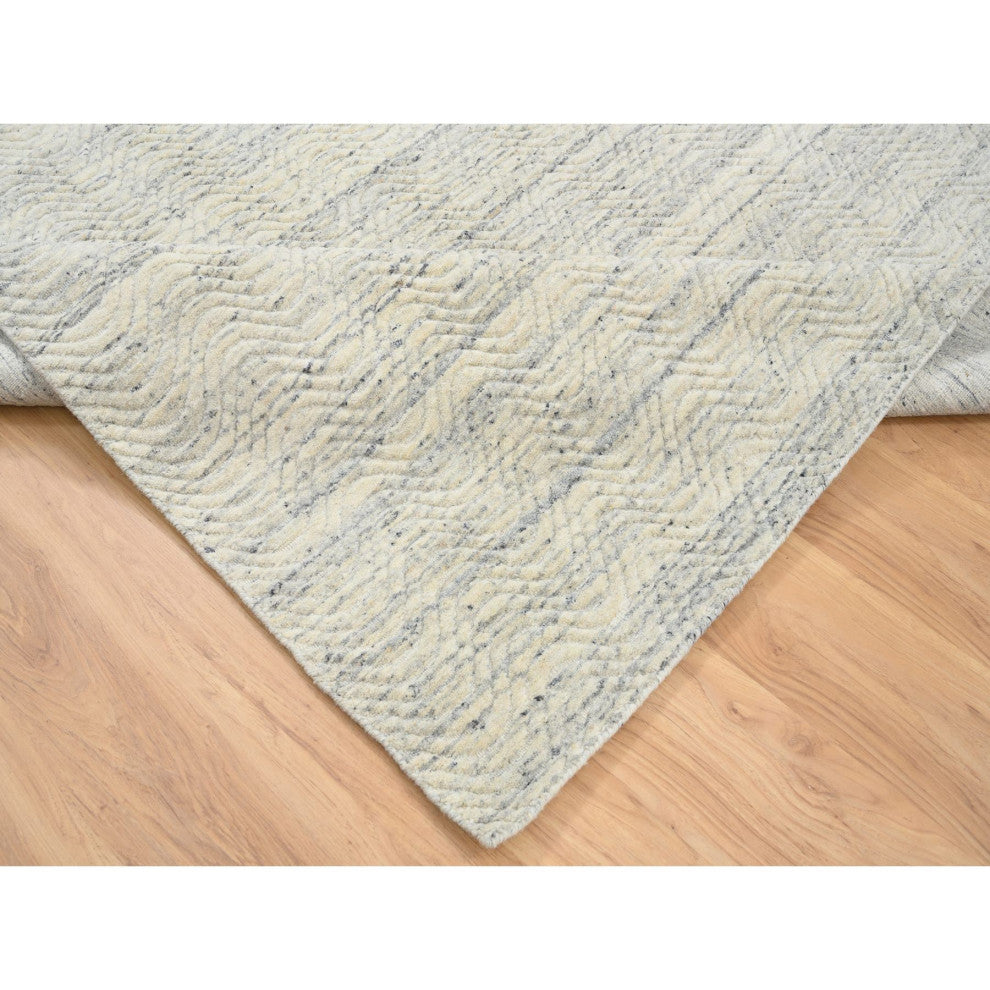 Beige Variegated Textured Modern Design Natural Wool Hand Loomed Rug, 5'10"x9'