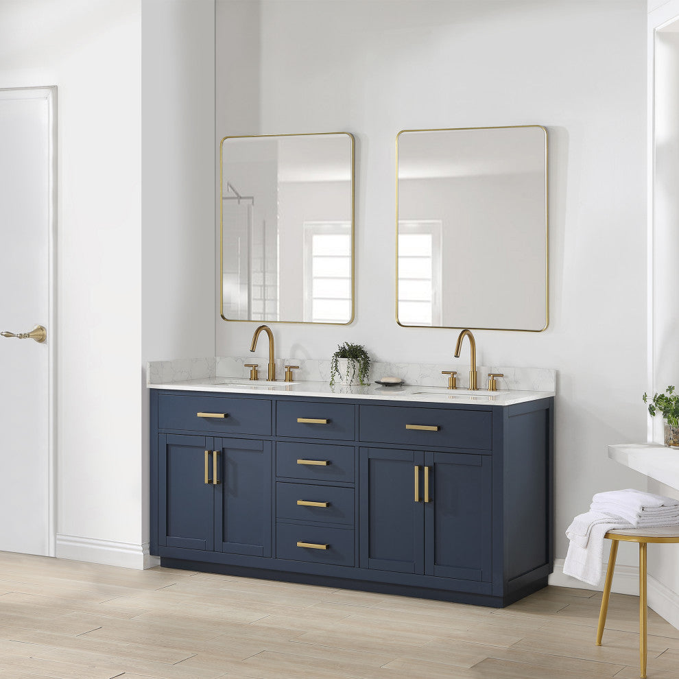 Gavino Vanity With Grain White Composite Stone Top, Royal Blue/Brushed Gold, 72", No Mirror