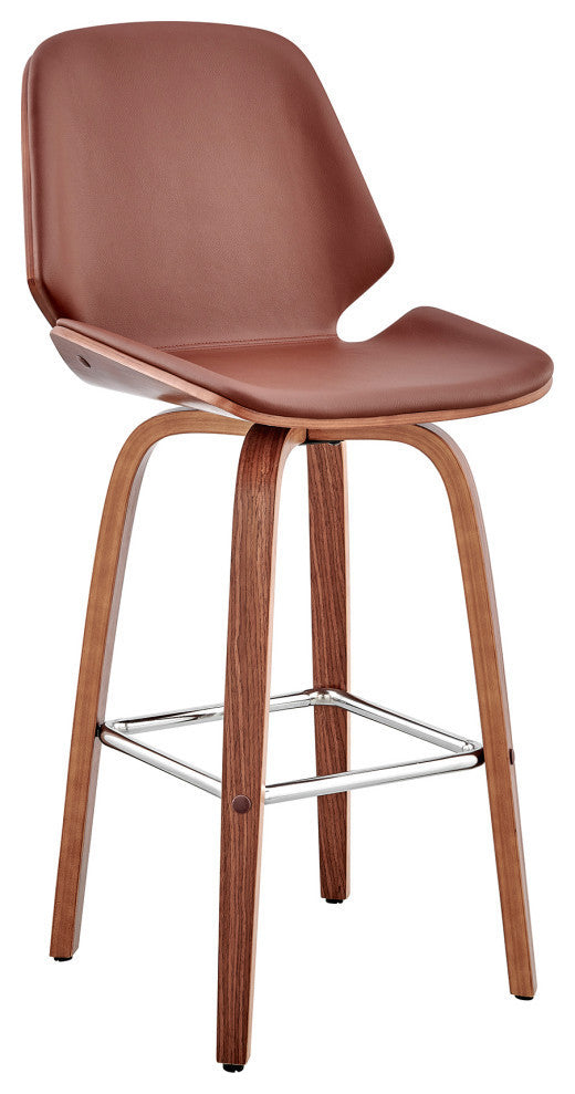 Arabela Faux Leather and Wood Swivel Bar Stool, Brown and Walnut