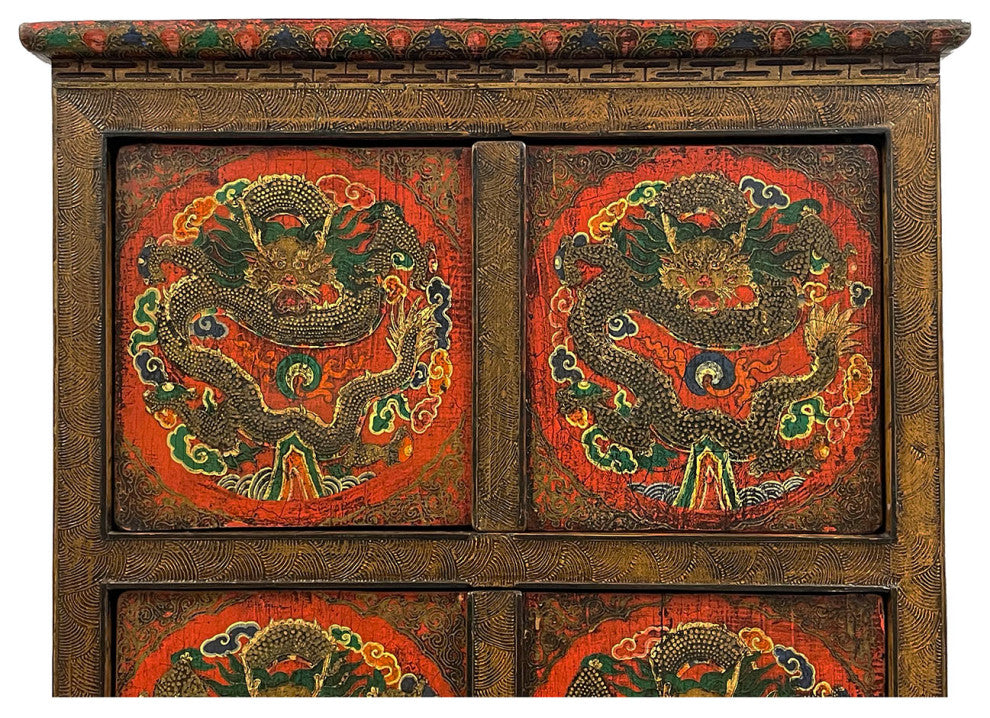 Consigned Antique Tibetan Painted Dragon Tall Cabinet