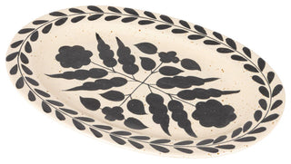 Hand Painted Stoneware Platter with Floral Design, Black and White