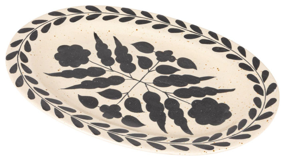 Hand Painted Stoneware Platter with Floral Design, Black and White