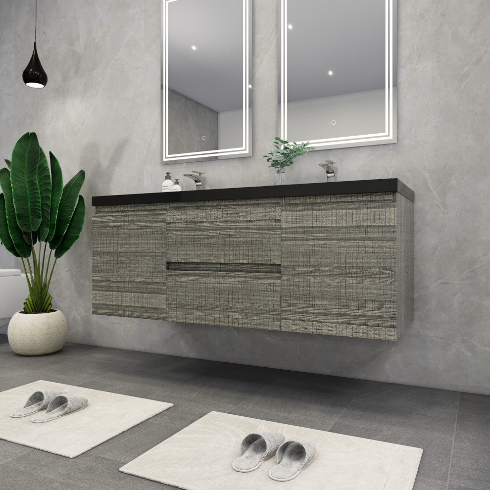 Belli 60" Double Sink Wall Mount Vanity Set, High Gloss Ash Gray, Matt Black Top