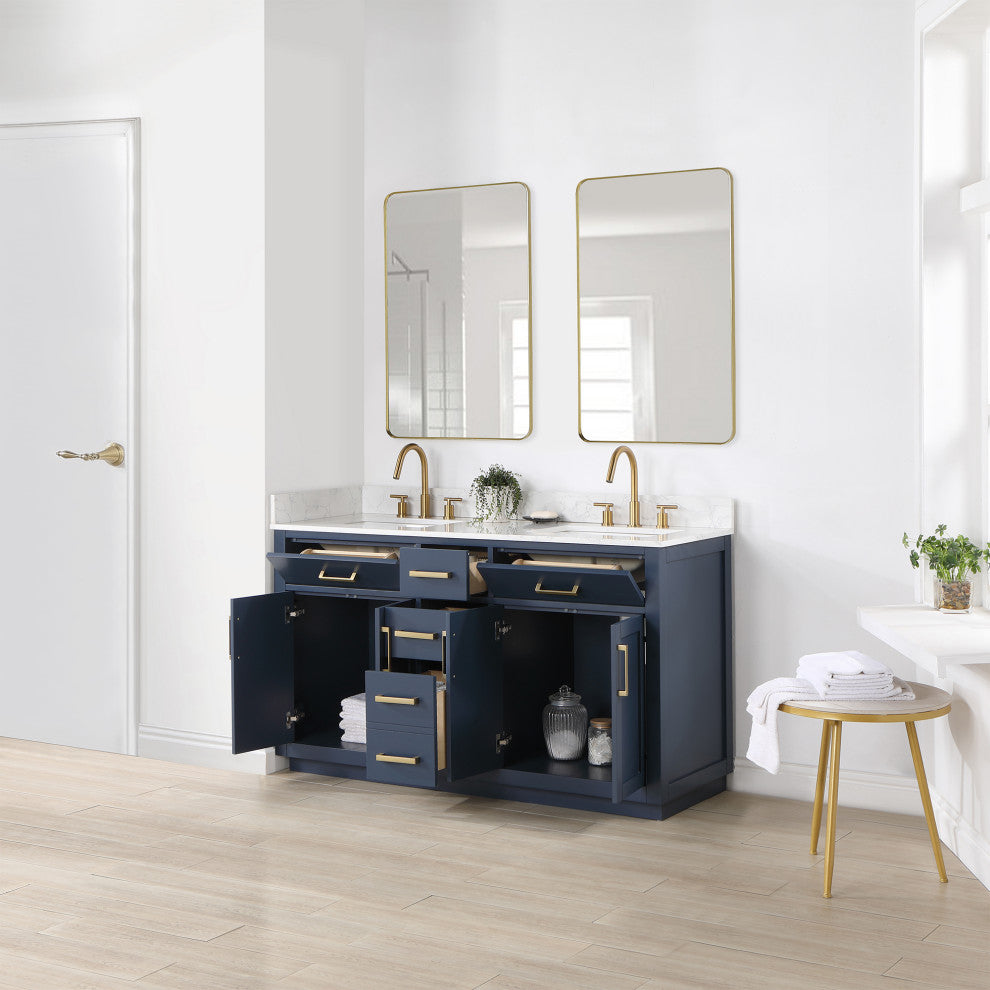 Gavino Vanity With Grain White Composite Stone Top, Royal Blue/Brushed Gold, 60", With Mirror