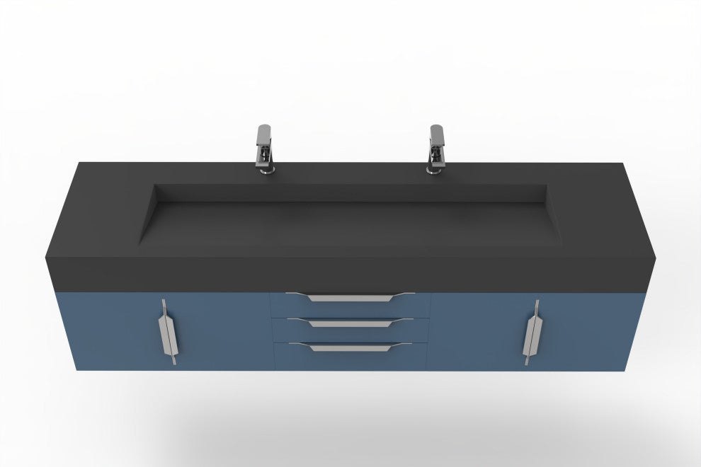 CastelloUSA Nile 72" Wall Mounted Bathroom Vanity Set, Blue, Black Top, Brushed Nickel