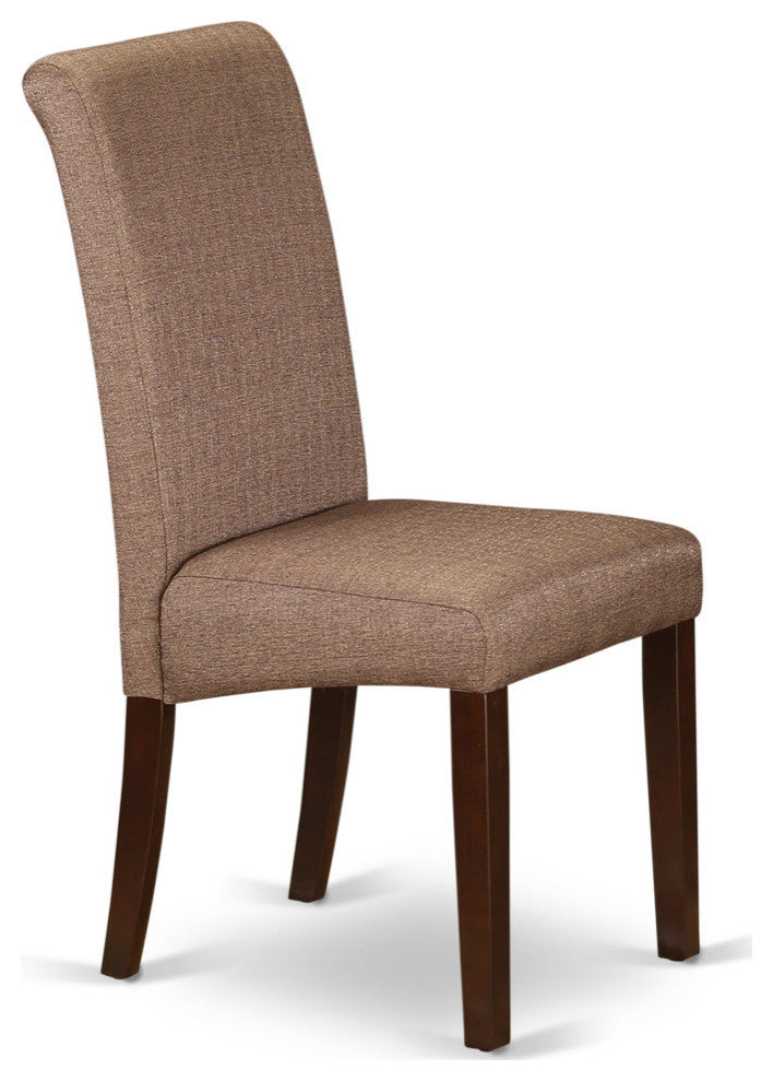3Pc Small Round Table, Linen Brown Fabric Dining Chairs, Mahogany Chair Legs