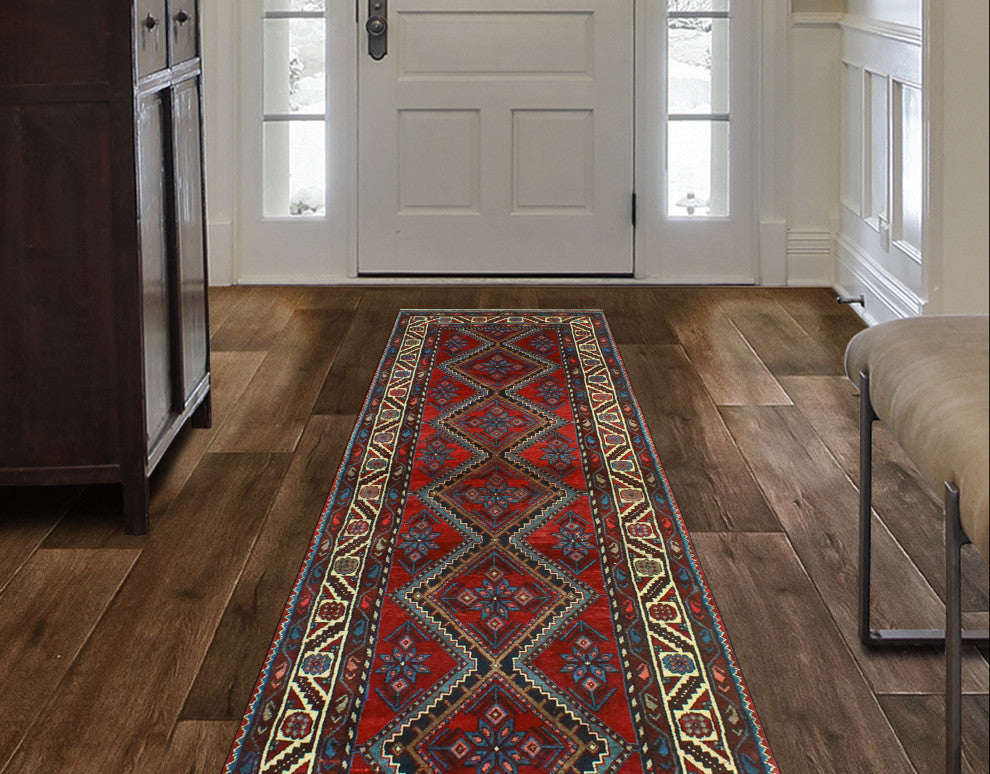 Fine Vintage Distressed Behbaha Red/Blue Runner, 3'4 x 9'11