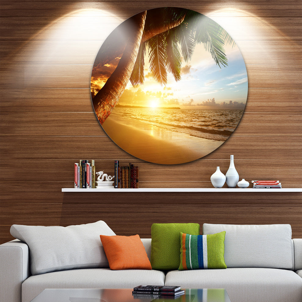 Beautiful Beach Under Palms, Modern Seashore Disc Metal Artwork, 23"