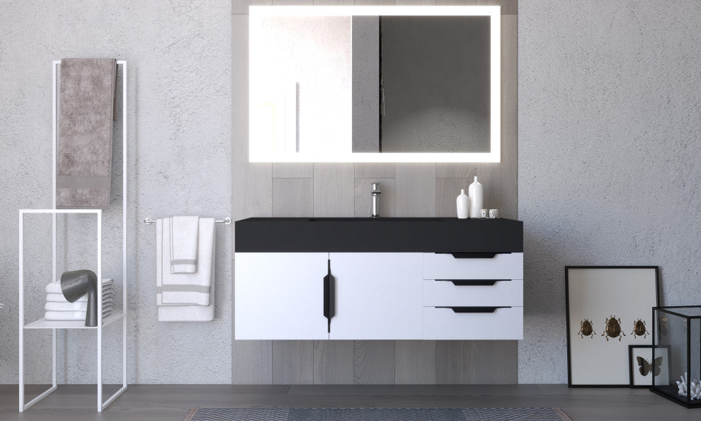 CastelloUSA Amazon 48" Wall Mounted Vanity Set, White, Black Top, Black Handles
