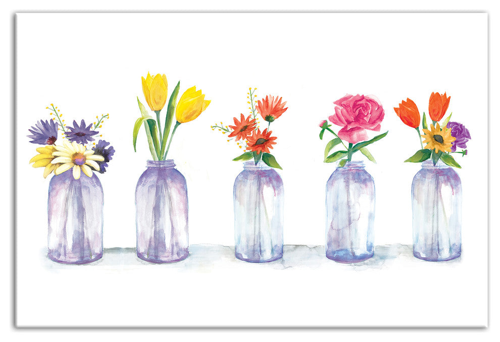 Painted Flowers in Glass Jars Print 24x36 Canvas Wall Art