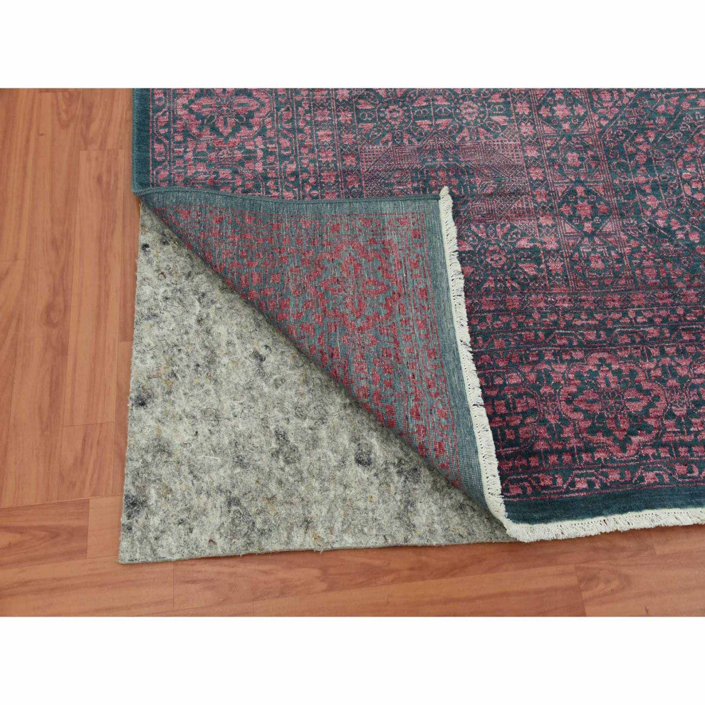 Dark Green Obscured Mamluk Design Wool and Silk Hand Knotted Rug, 8'0"x9'9"