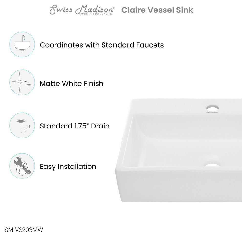 Claire 20" Rectangle Ceramic Vessel Sink, Matte White