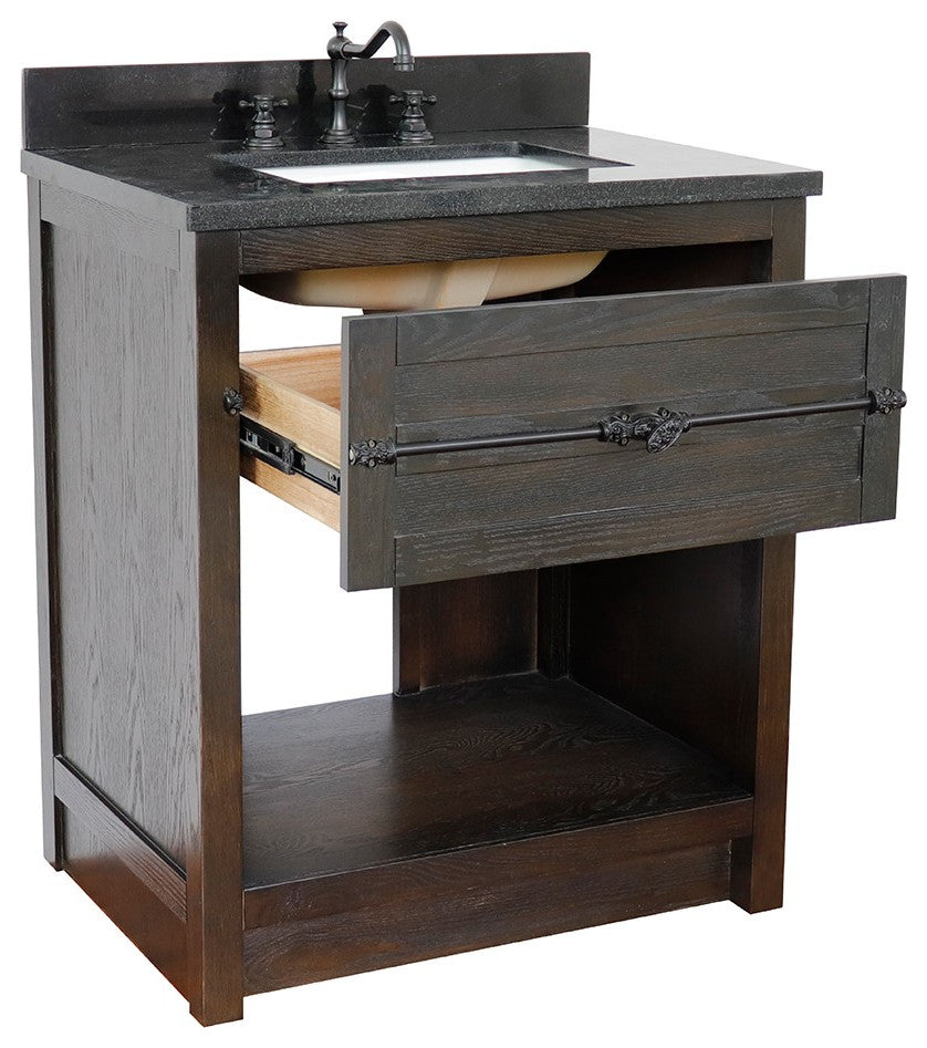 30" Single Vanity, Brown Ash, Black Galaxy Top, Rectangle Sink