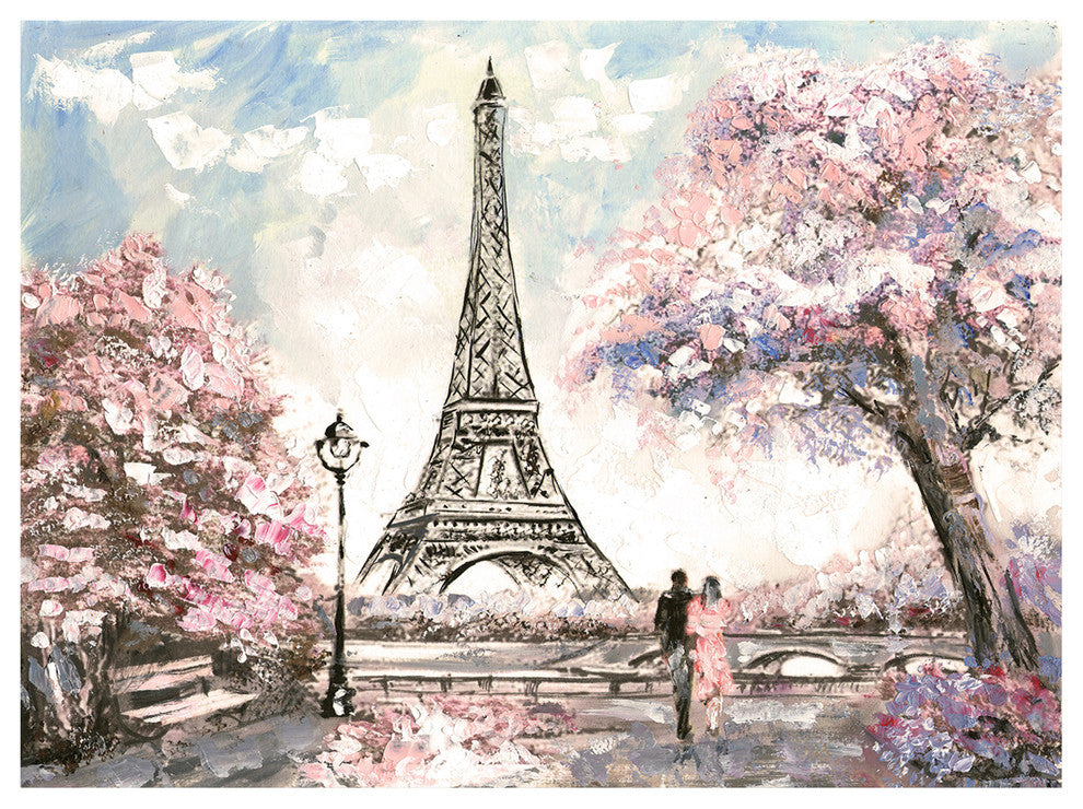 Eiffel with Pink Flowers, Landscape Canvas Art Print, 40"x30"