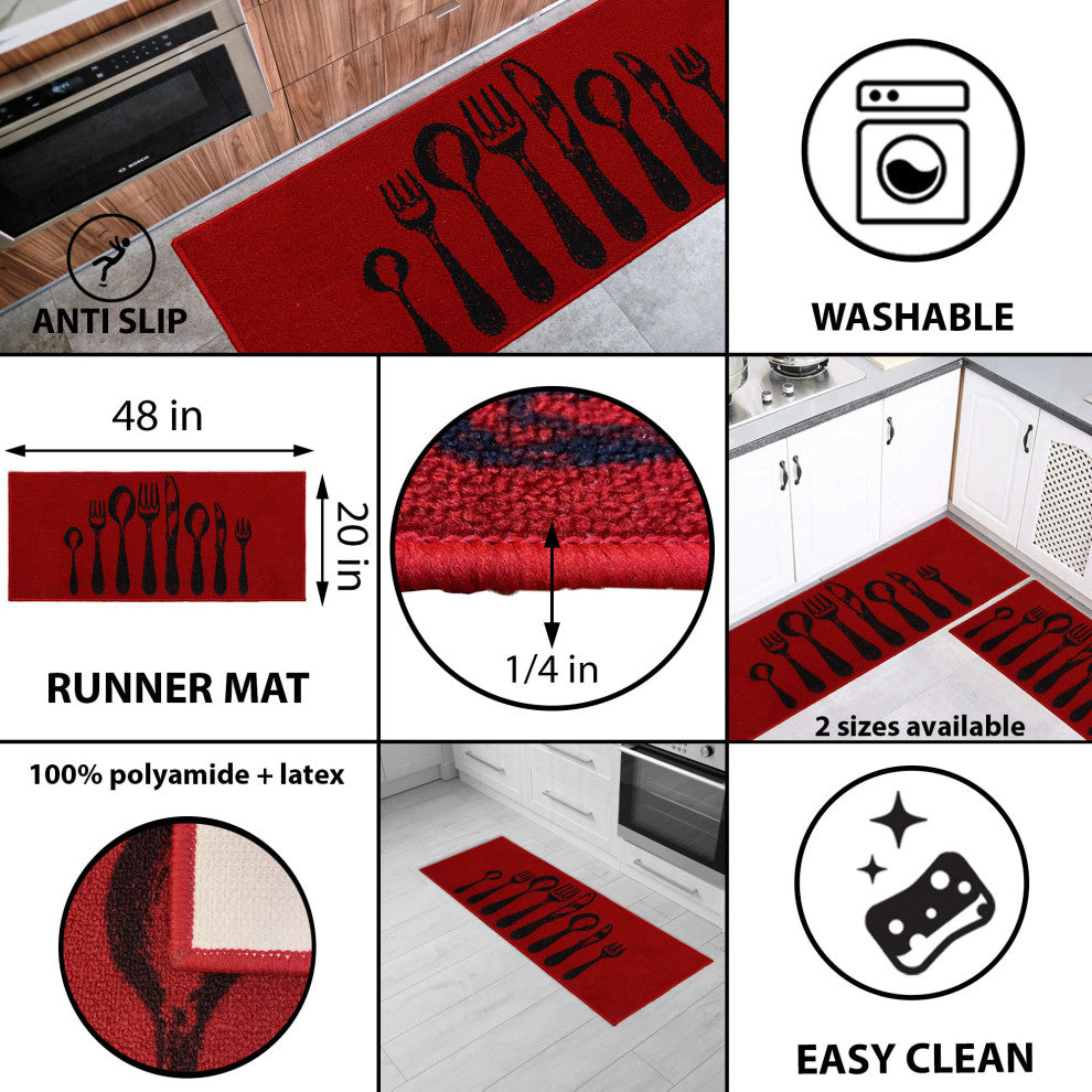 Wool-Effect Kitchen Mat With Chic Cutlery Print, Red, 48x20