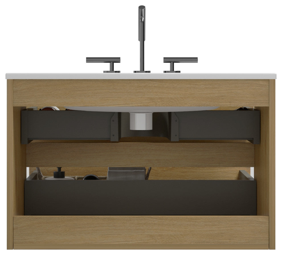Wall-Mounted Bathroom Vanity Set with Ceramic Sink with three faucet holes, Oak, 30"