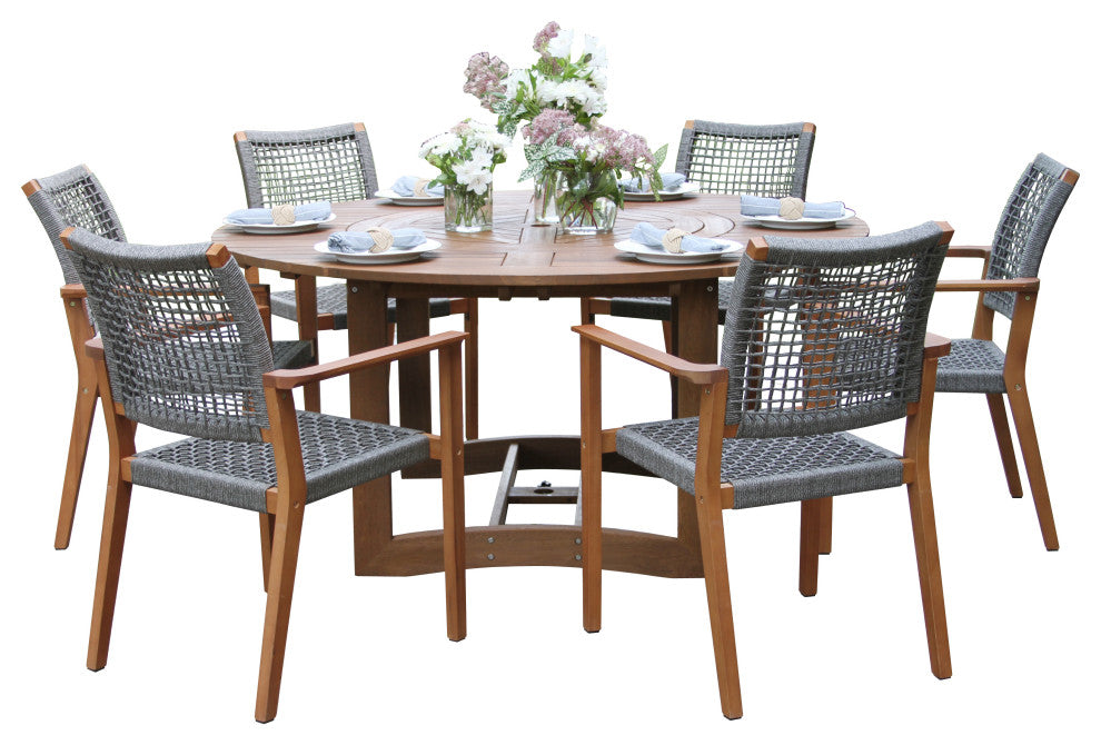 7-Piece Eucalyptus Lazy Susan Dining Set With 6 Stacking Rope Armchairs