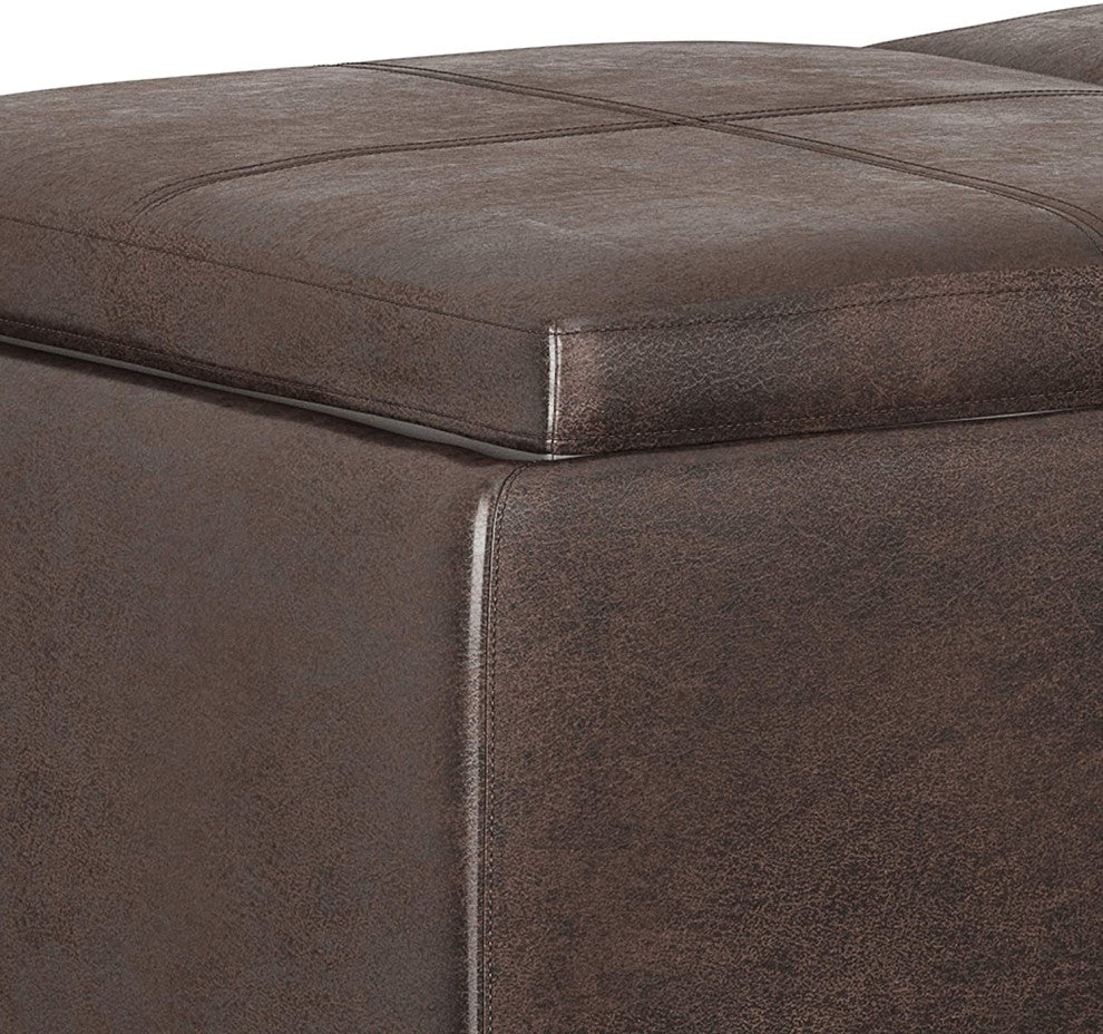 Modern Storage Ottoman, 3 Cushioned Flip Over Serving Trays, Distressed Brown