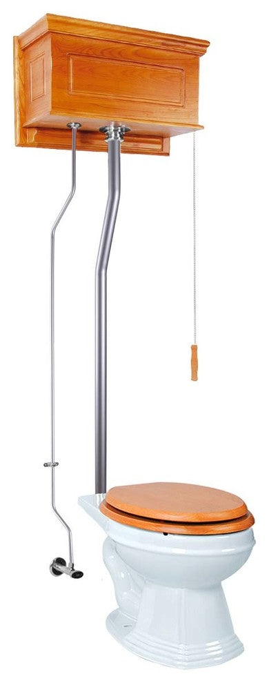 Light Oak High Tank Pull Chain Toilet Raised with Elongated Bowl & Satin L-Pipe