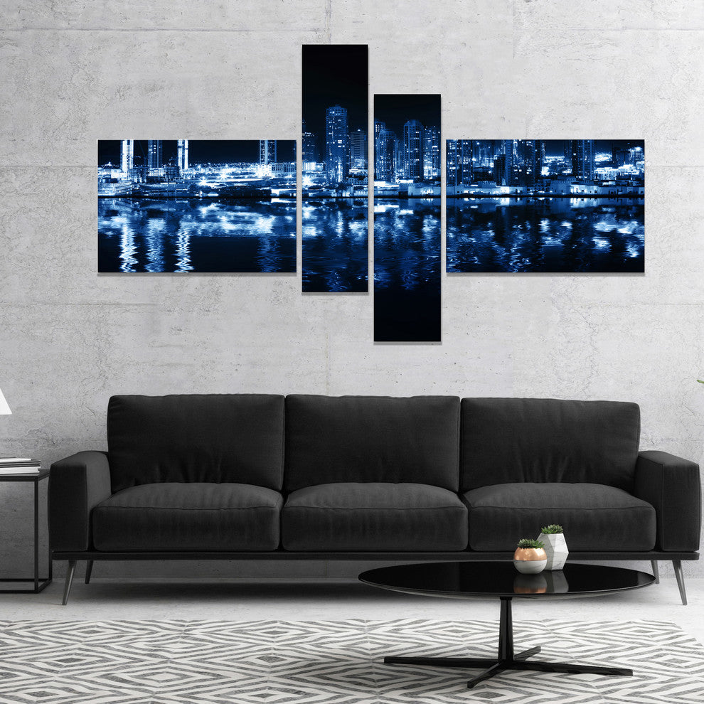 Glowing City at Midnight, Cityscape Photo Canvas Print, 60"x32", 4 panels