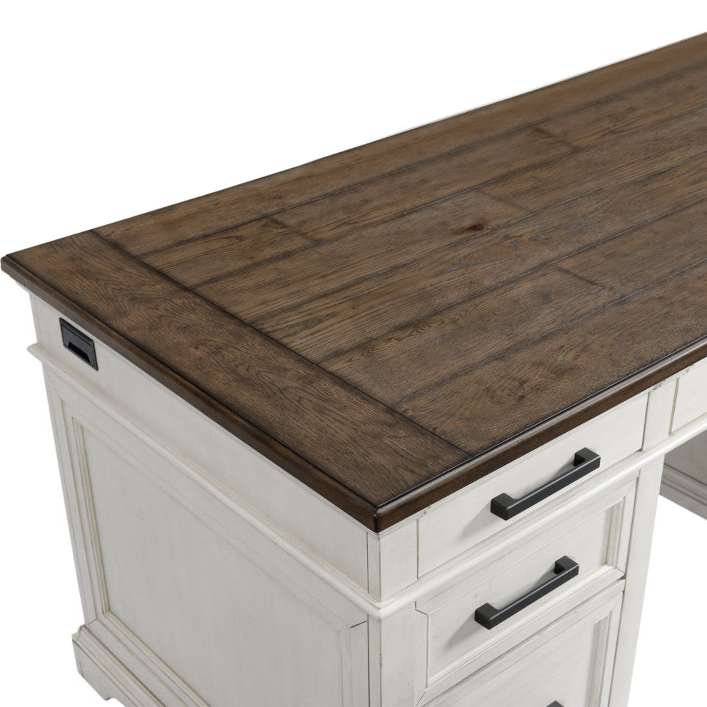 Drake 66" Wide Executive Desk, Rustic White and French Oak