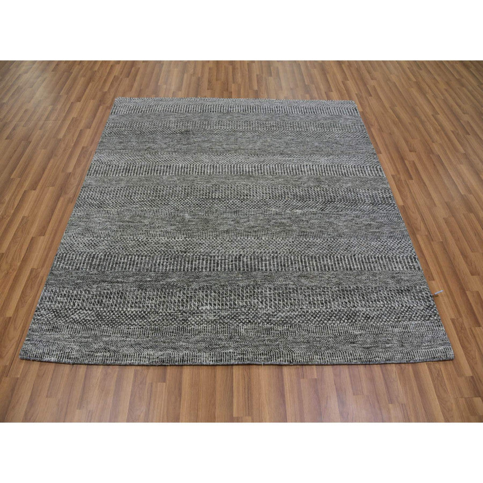 Gray Undyed Pure Wool Modern Grass Design Hand Knotted Square Rug, 5'11"x6'1"