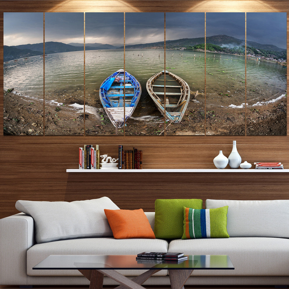 Two Boats near Pokhara Lake, Boat Canvas Art Print, 83"x32", 7 Panels
