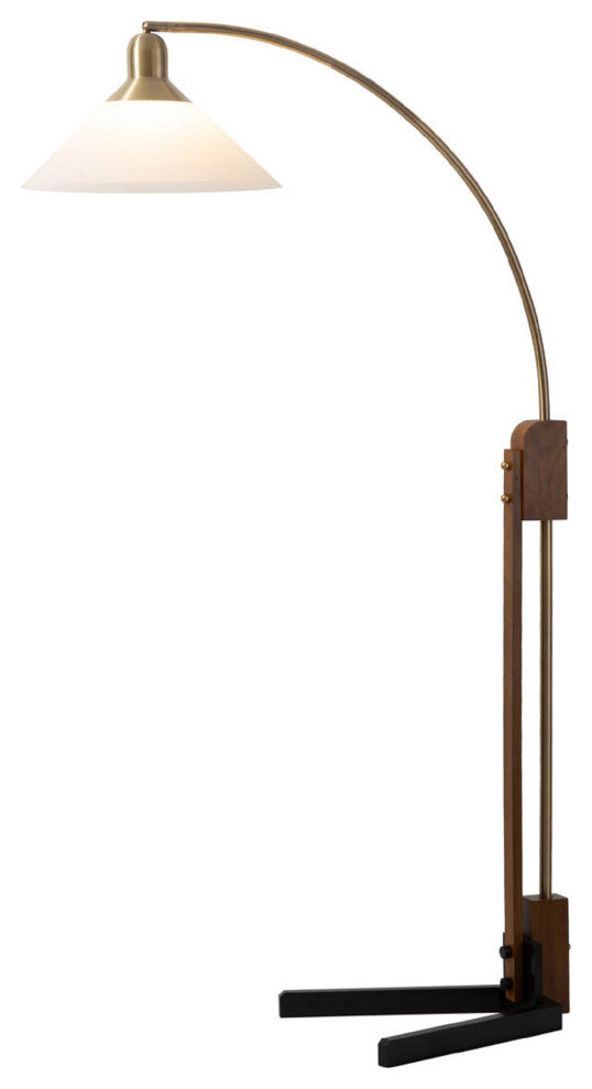 Melmar Chairside Arc Floor Lamp -Weather Brass and Walnut, Dimmer Switch, V-Base
