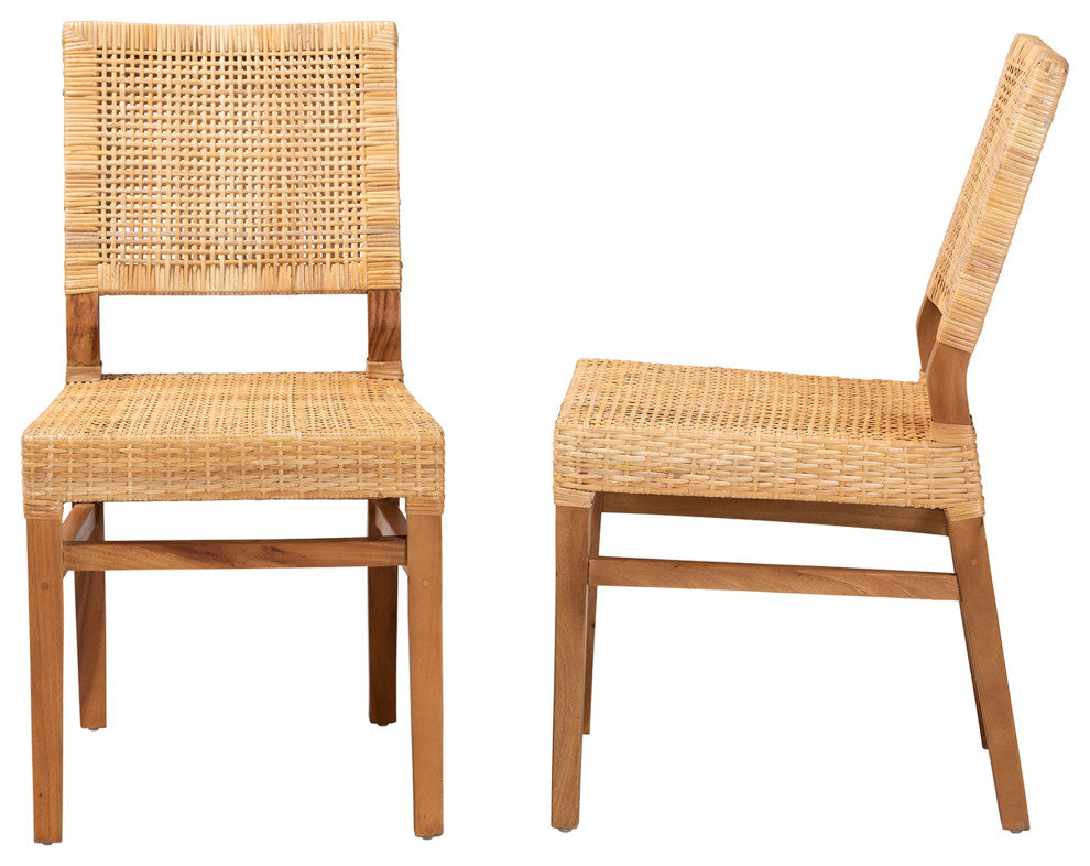 Lesia Bohemian Natural Brown Rattan, Walnut Brown Finish Wood Dining Chair Set