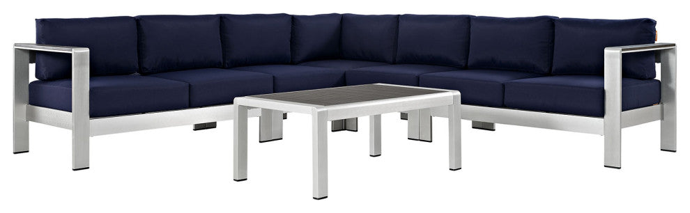 Silver Navy Shore 6 Piece Outdoor Patio Aluminum Sectional Sofa Set