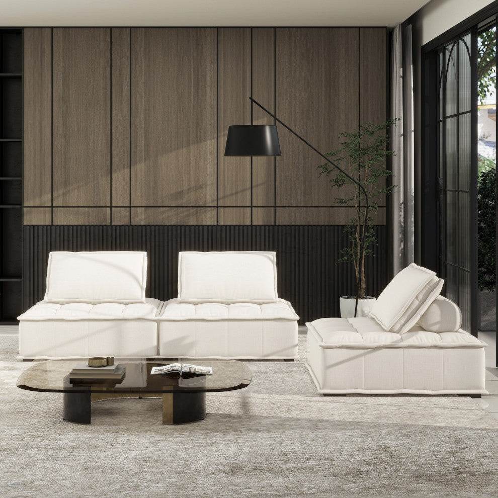 Arwen Modern Modular Square Tufted Sectional Sofa, White Beige Linen, 126" 3-Piece Sofa