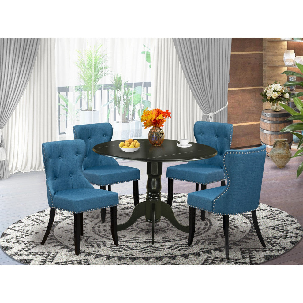A Dining Set 4 Chairs, Mineral Blue Color, Two 9" Drop Leaf Round Table, Black