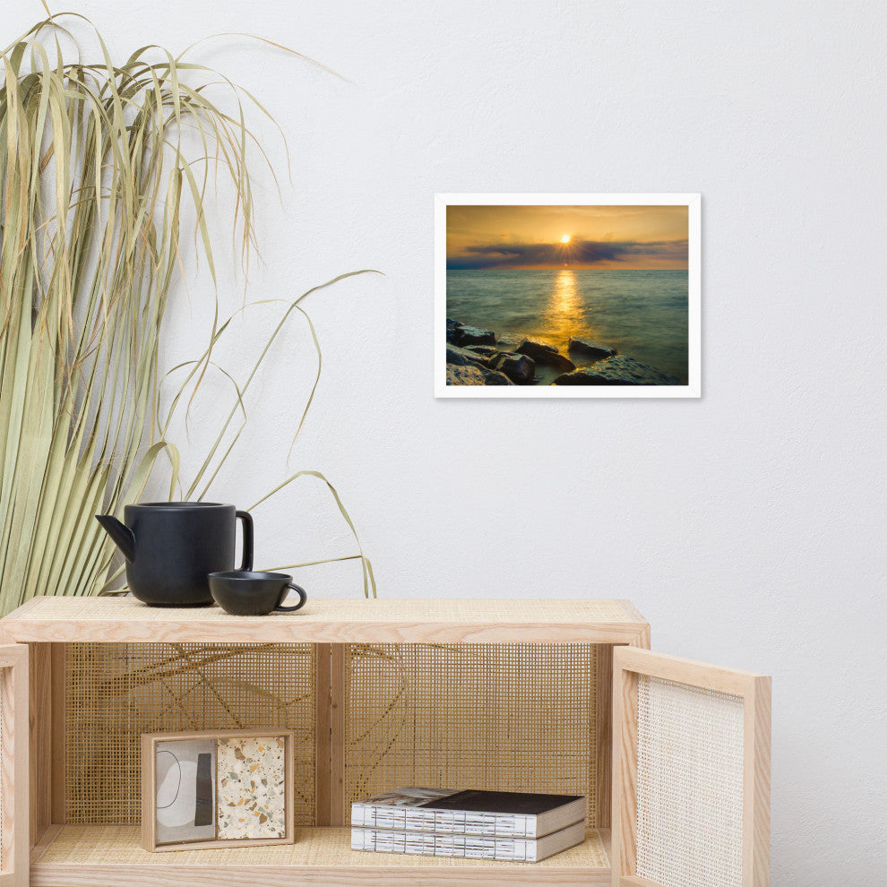 Sun Ray on the Water Coastal Landscape Framed Photo Paper Wall Art Print, Red Oak, 12" X 16"