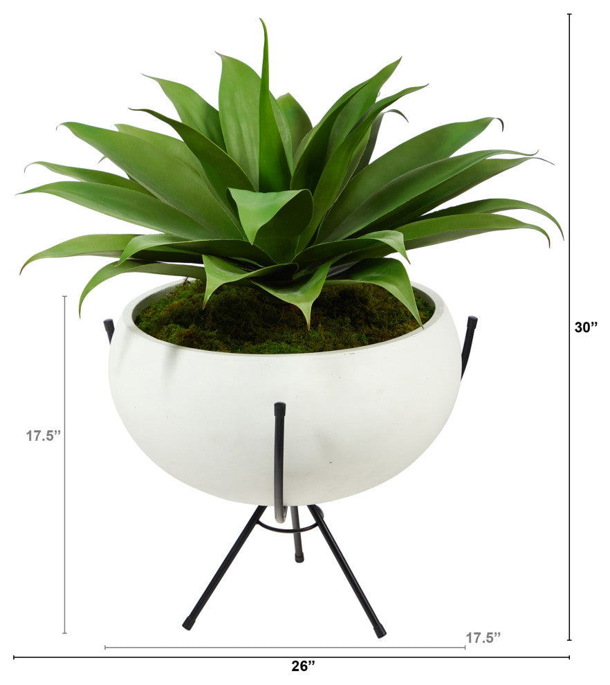 30" Agave Succulent Artificial Plant, White Planter With Metal Stand