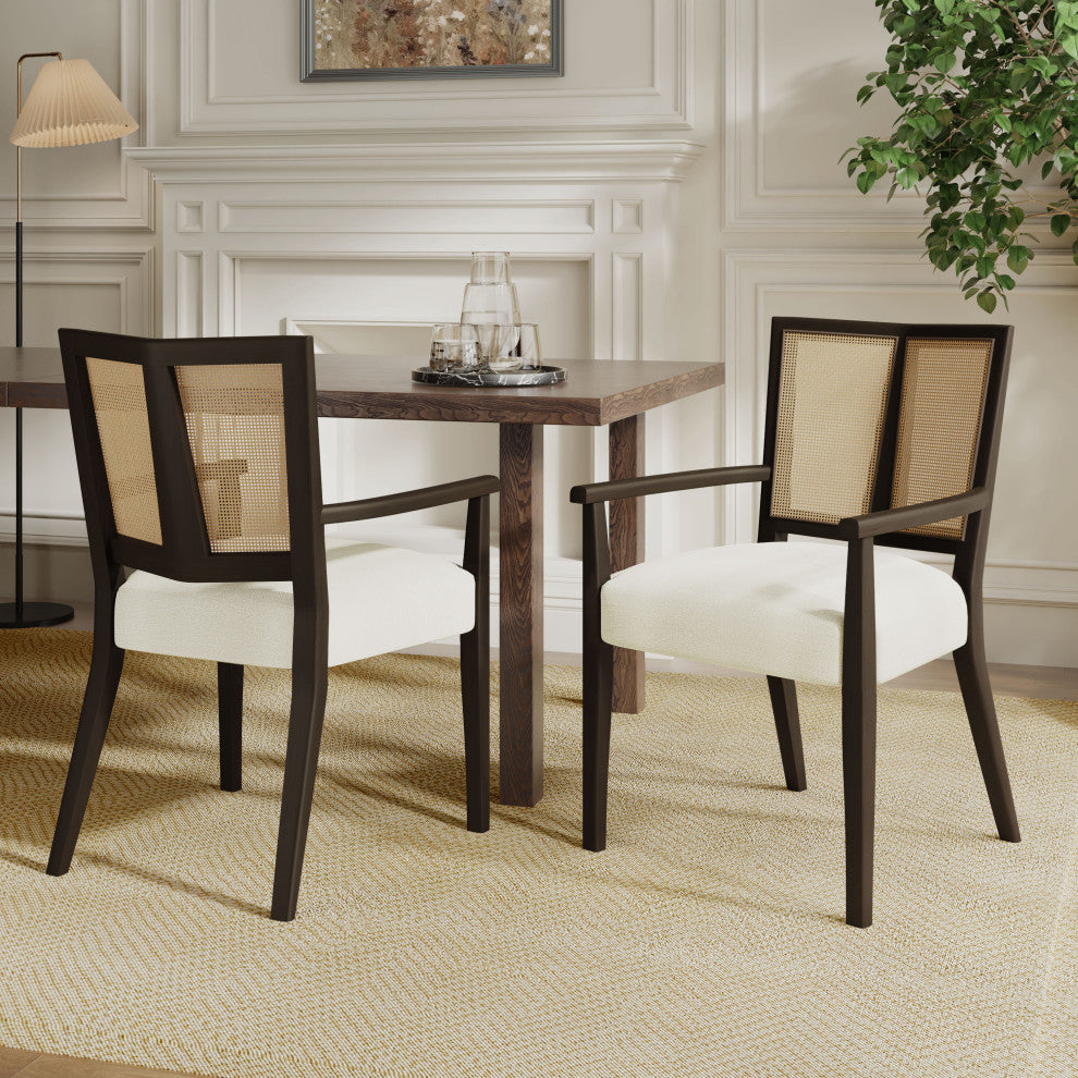 GDF Studio Modern Rattan Backrest Dining Chairs, Set of 2, Dark Brown/Beige