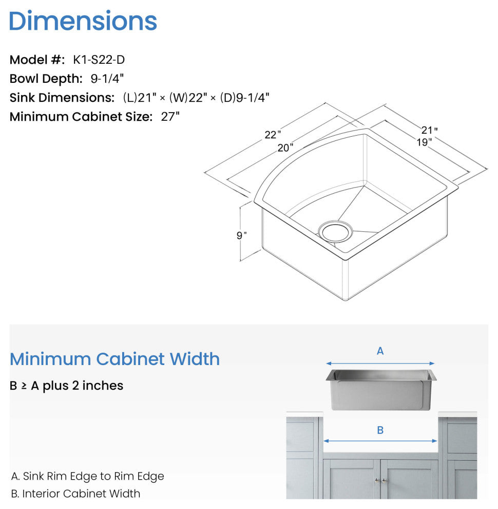 22" Handcrafted Undermount Single Bowl 16 gauge Stainless Steel Kitchen Sink