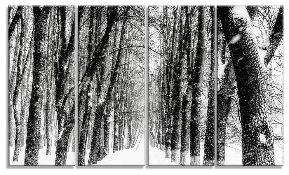Snowy Forest Black and White, Modern Forest Canvas Art, 48"x28", 4 Panels