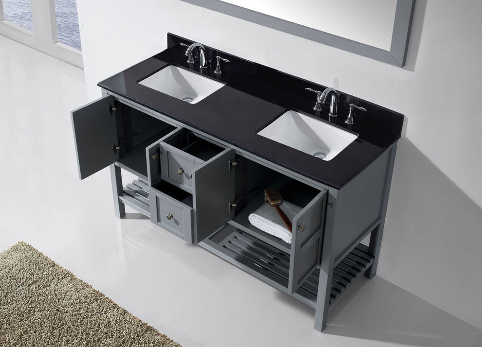 Virtu Winterfell 60" Double Bathroom Vanity, Gray , Black Granite Top, Mirror