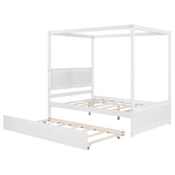 Full Wood Frame Canopy Platform bed with Trundle Bed, White, Full