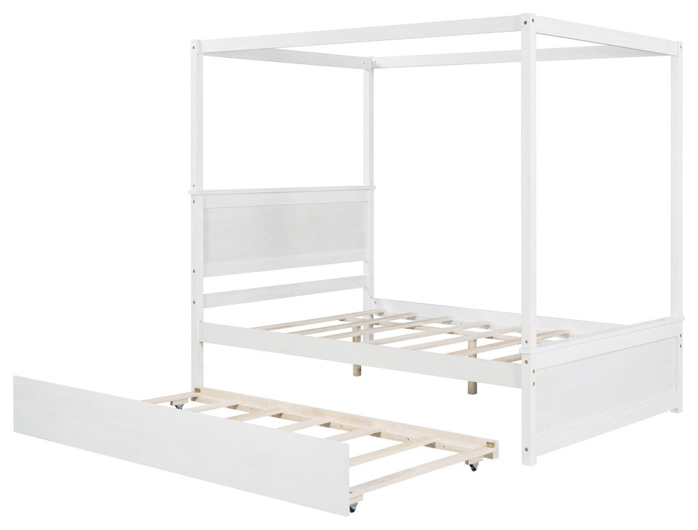 Full Wood Frame Canopy Platform bed with Trundle Bed, White, Full
