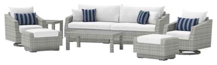 Cannes Deluxe 8 Piece Aluminum Outdoor Patio Sofa and Club Chair Set, Centered Ink