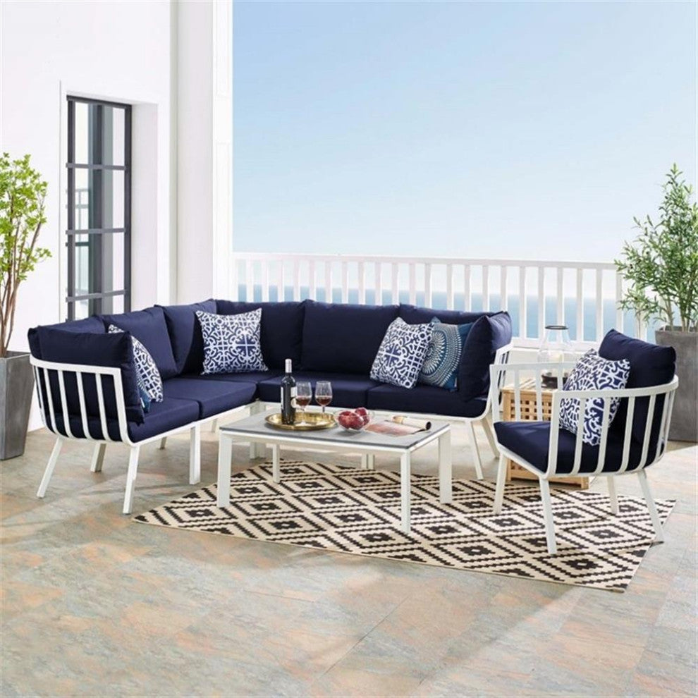 Riverside 7 Piece Outdoor Patio Aluminum Set White Navy