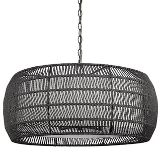 Everly 6 Light Chandelier, Matte Black With Modern Black Rattan Shade