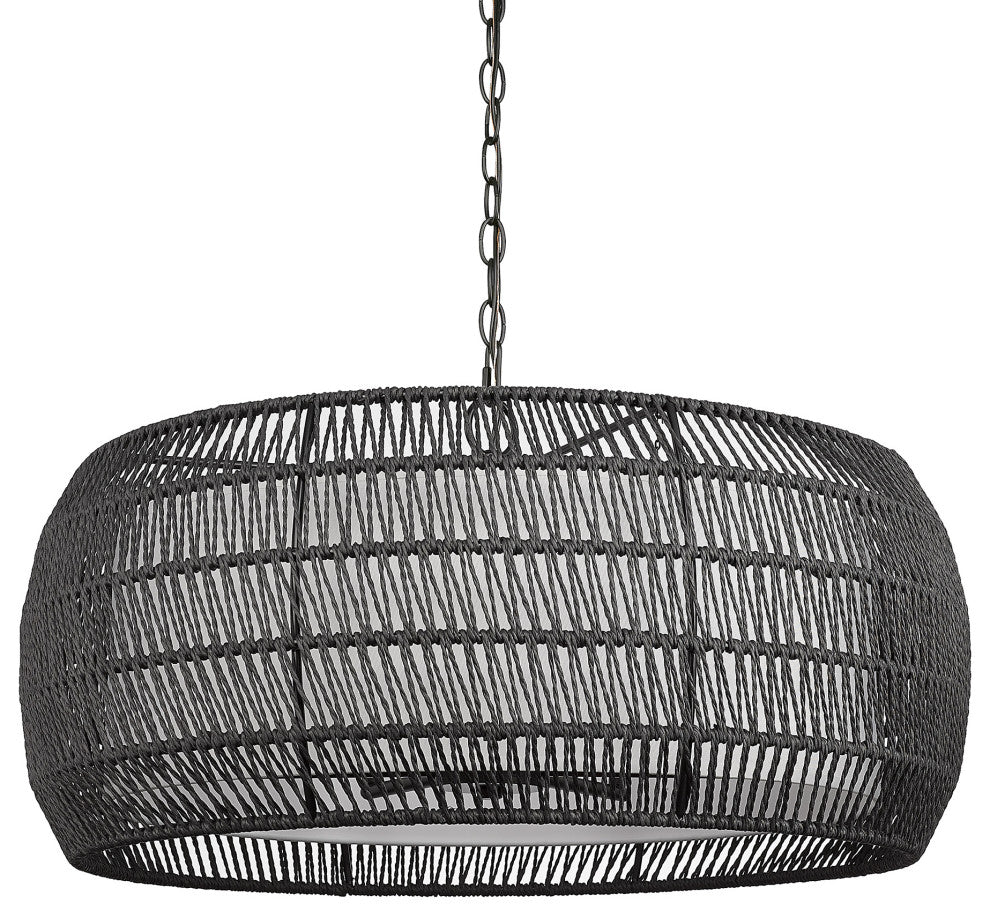 Everly 6 Light Chandelier, Matte Black With Modern Black Rattan Shade