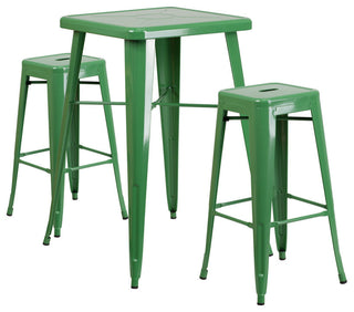 23.75" Green Metal Bar 3-Piece Table Set With 2 Seat Backless Stools