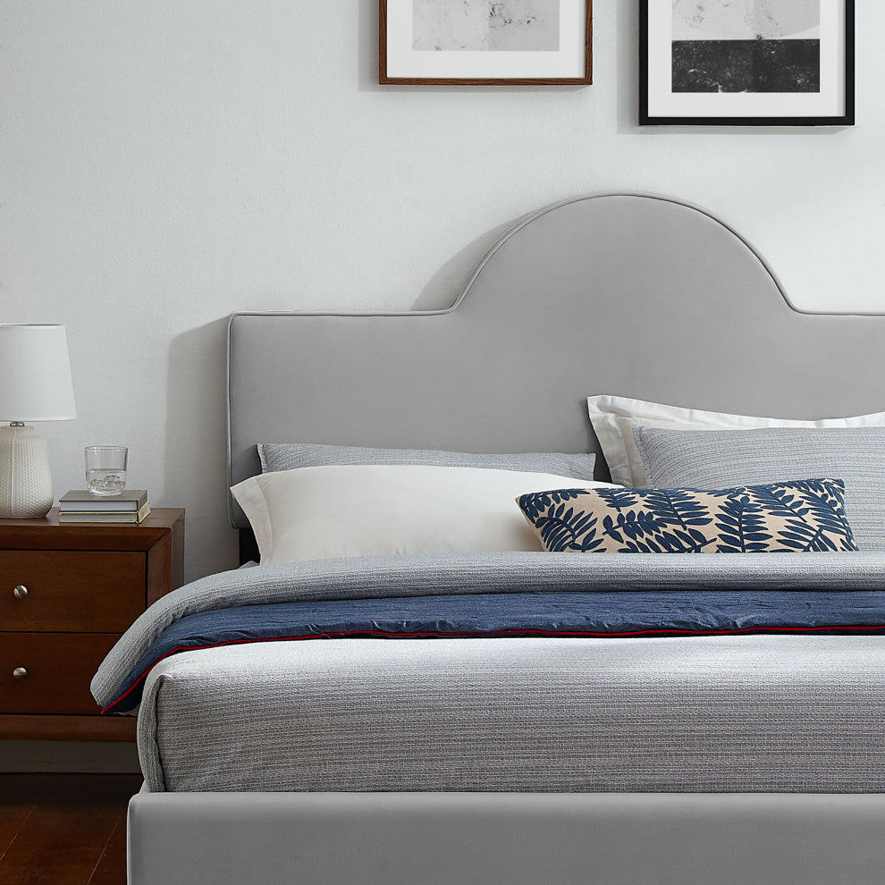 Platform Bed Frame, King Size, Gray, Velvet, Modern, Bedroom Guest Suite